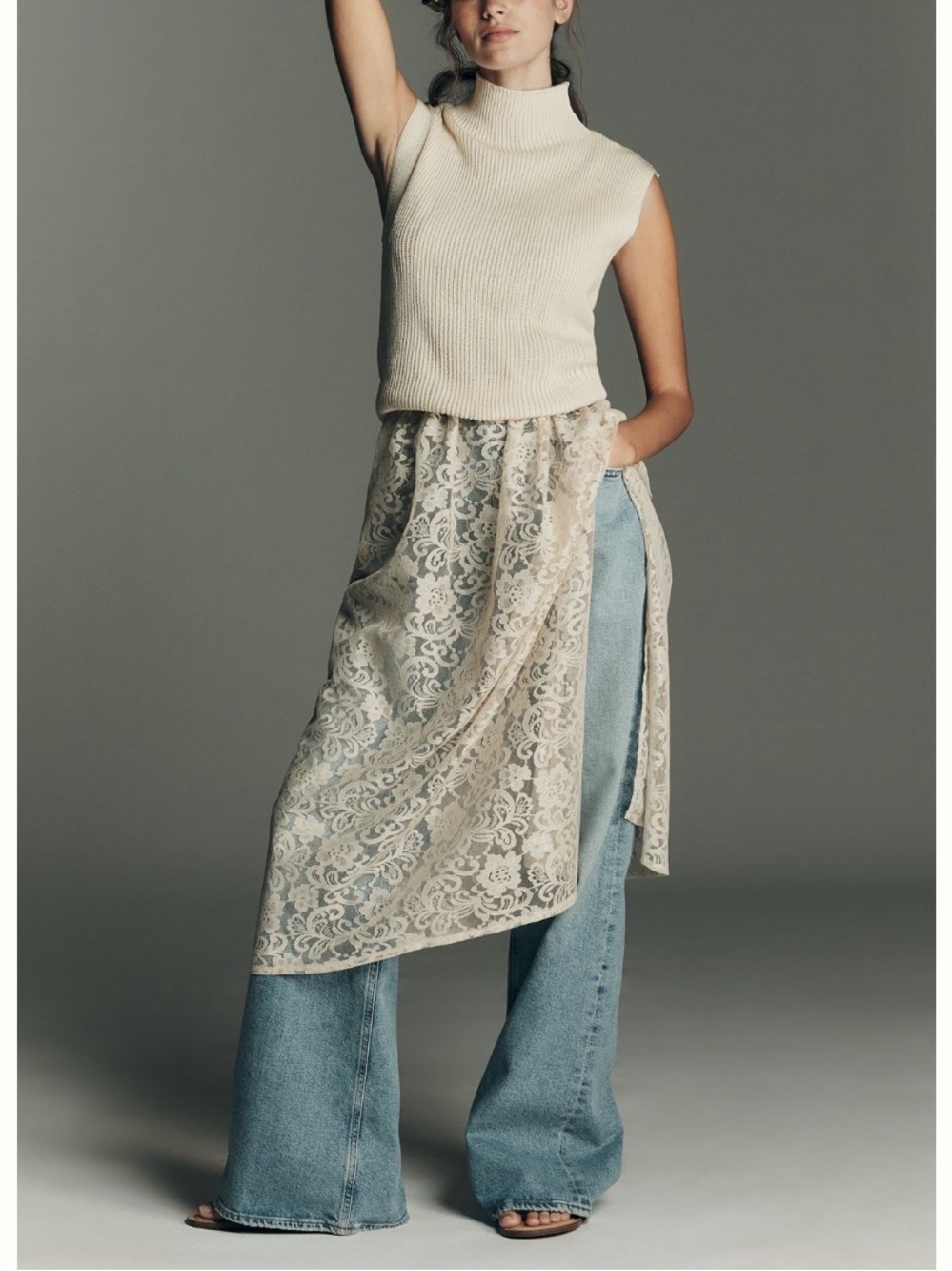 🟤NWT ANTHROPOLOGIE Twofer Lace Sweater Dress in Antique White XS